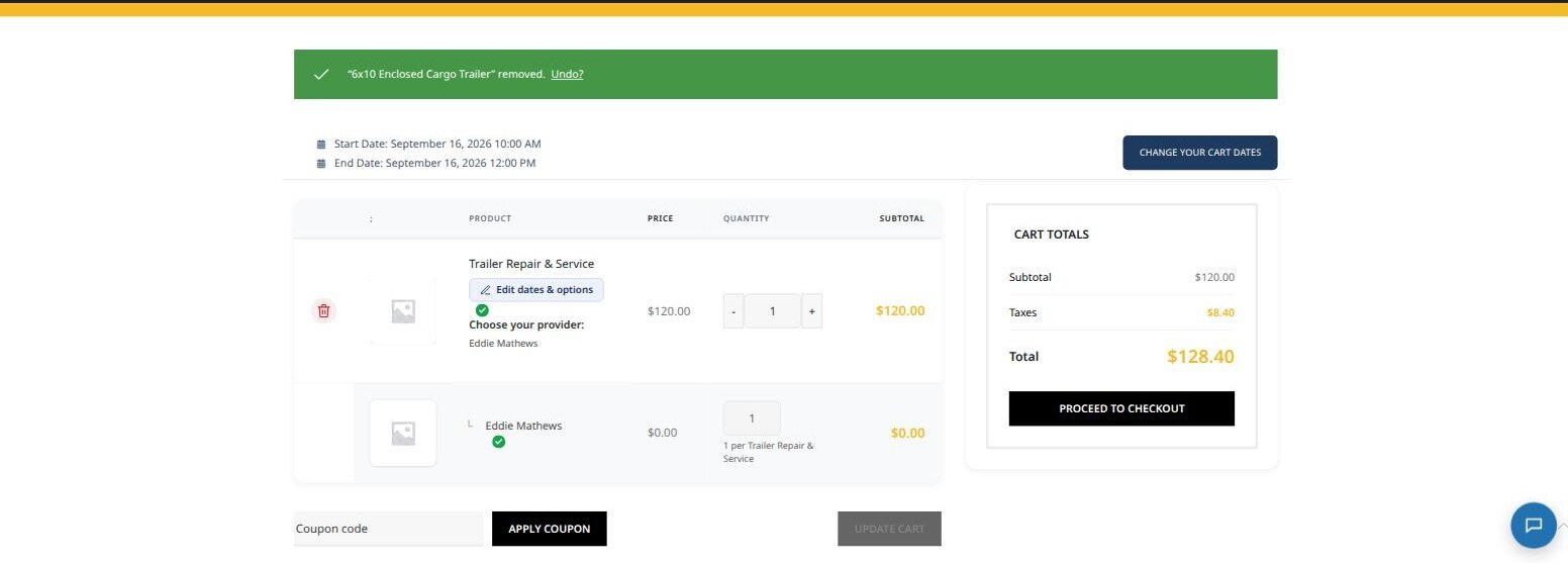 Cart showing the repair service line with the chosen provider and a nested Eddie Mathews line at zero dollars