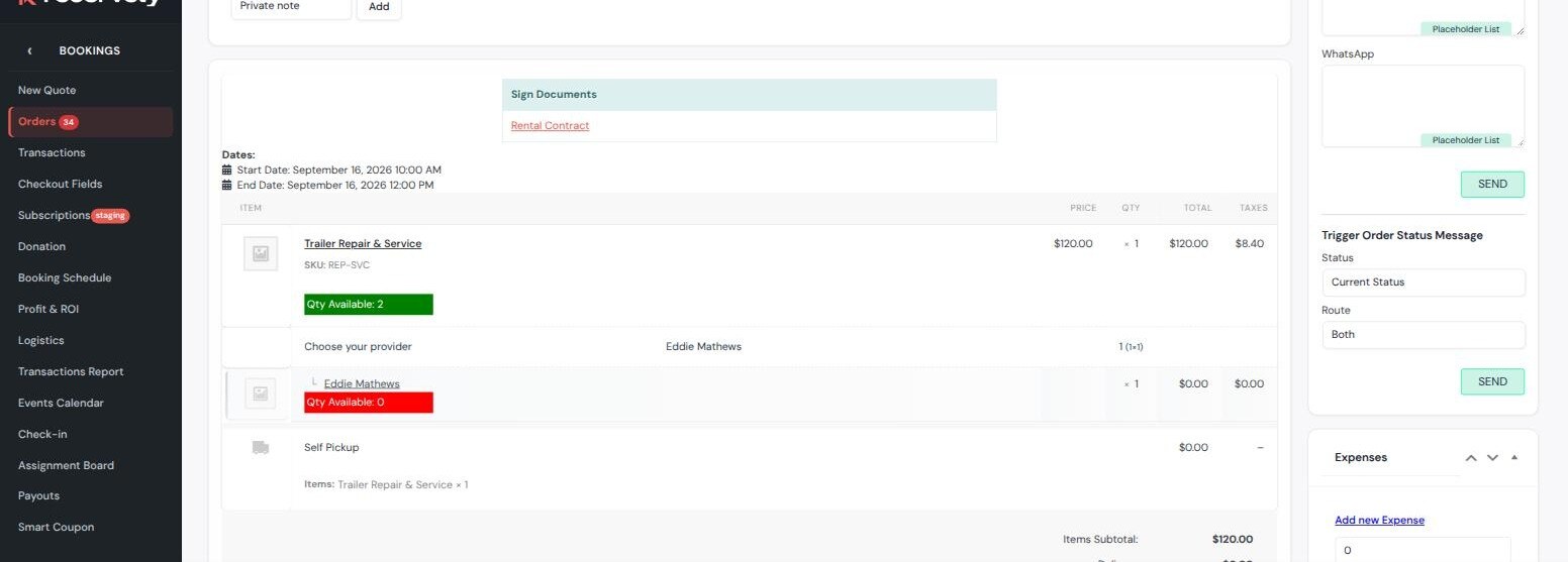 Admin order showing the repair service with two bays still available and the nested Eddie Mathews line showing zero available