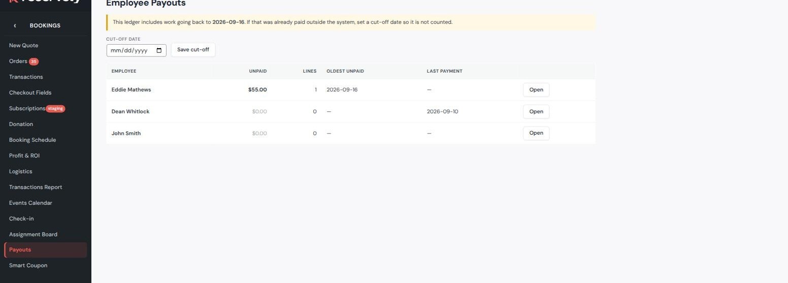 Employee payouts screen showing Eddie Mathews owed fifty five dollars across one line while the other two mechanics show nothing