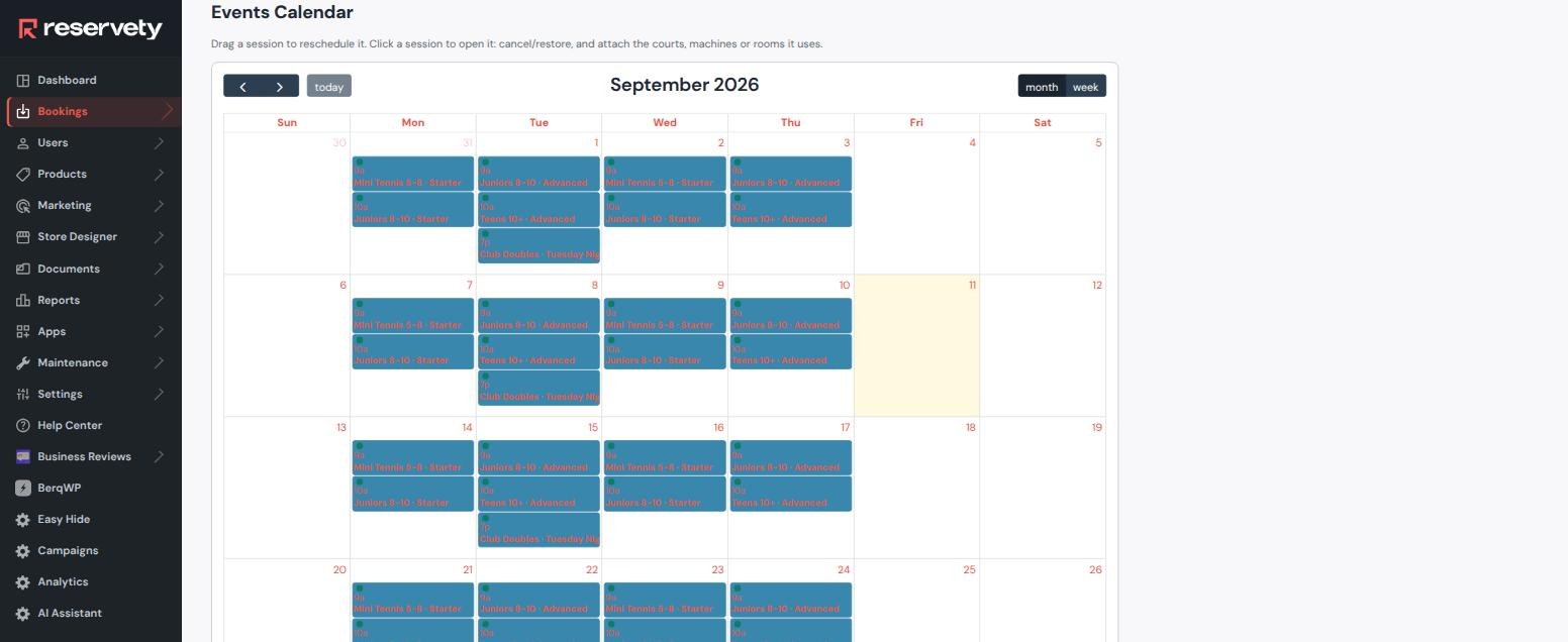 Events calendar for September showing squads on Monday to Thursday mornings and a Tuesday evening club doubles session