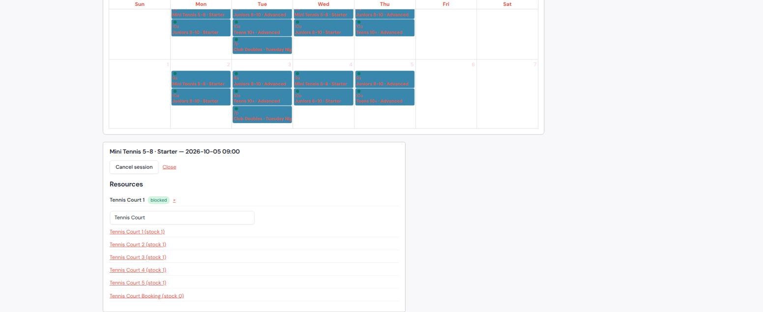 Session panel for Mini Tennis with Tennis Court 1 attached and marked blocked, above a search listing all five courts with their stock