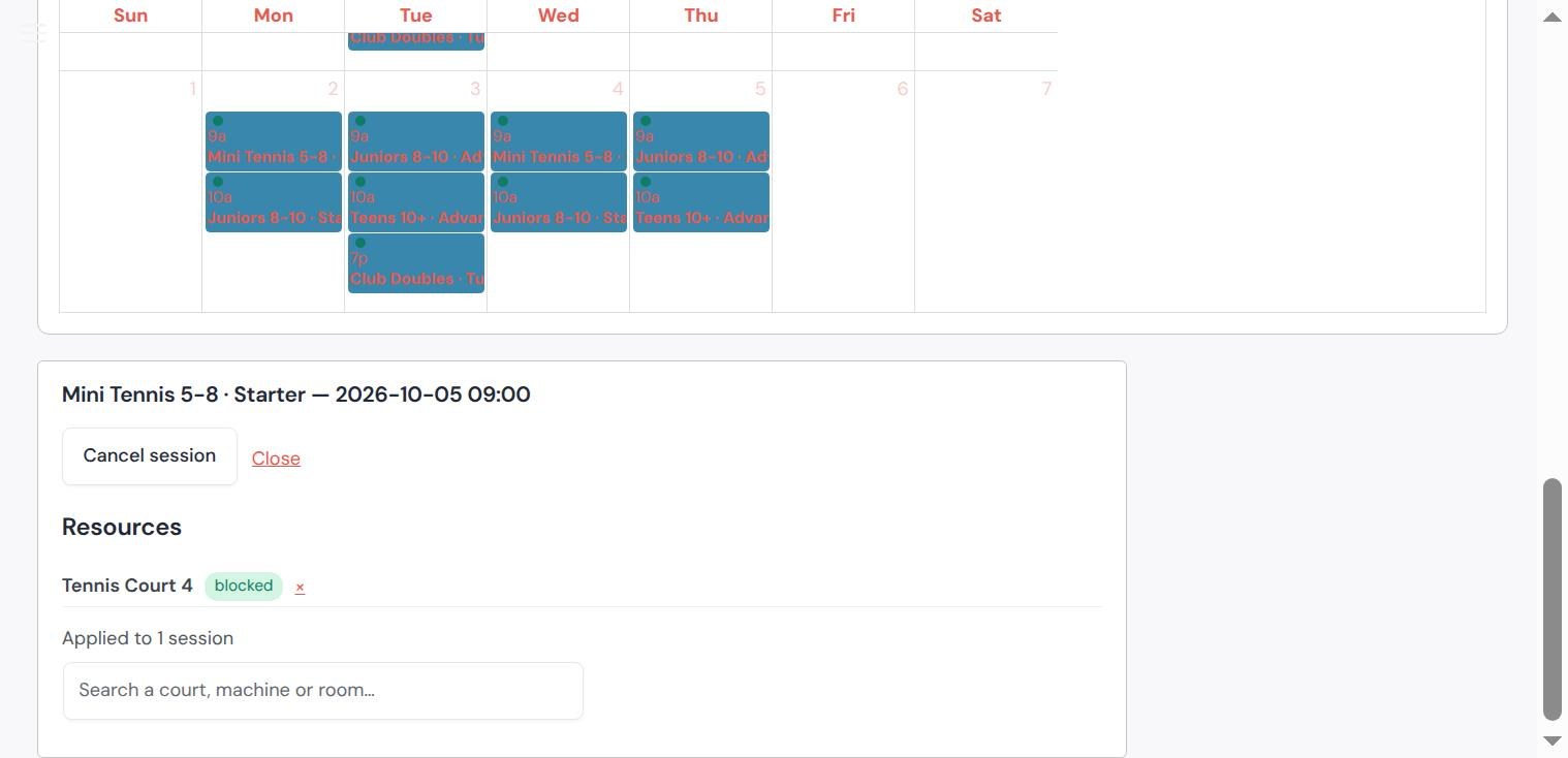 Session panel showing Tennis Court 4 attached and blocked with the line Applied to 1 session