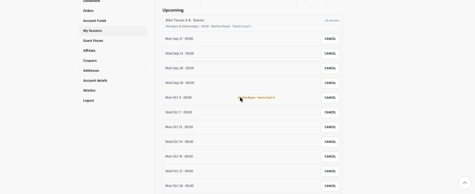 My Sessions page grouped by class, with a header naming the days, the coach and the court, and dated rows each with a cancel button