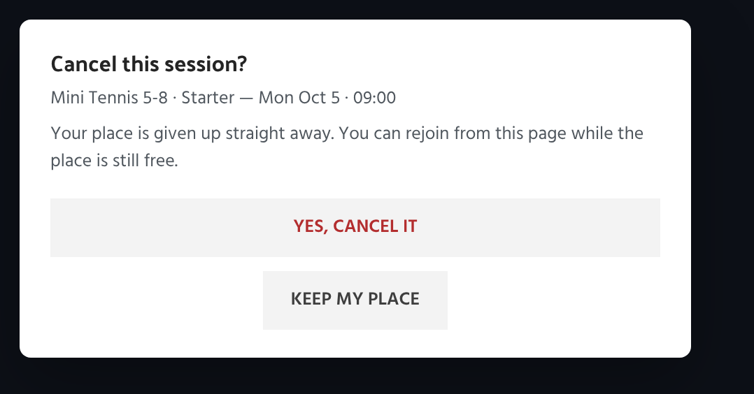 Confirmation asking whether to cancel a named session, with buttons reading yes cancel it and keep my place