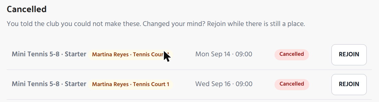 Cancelled section of the sessions page listing two cancelled sessions each with a rejoin button
