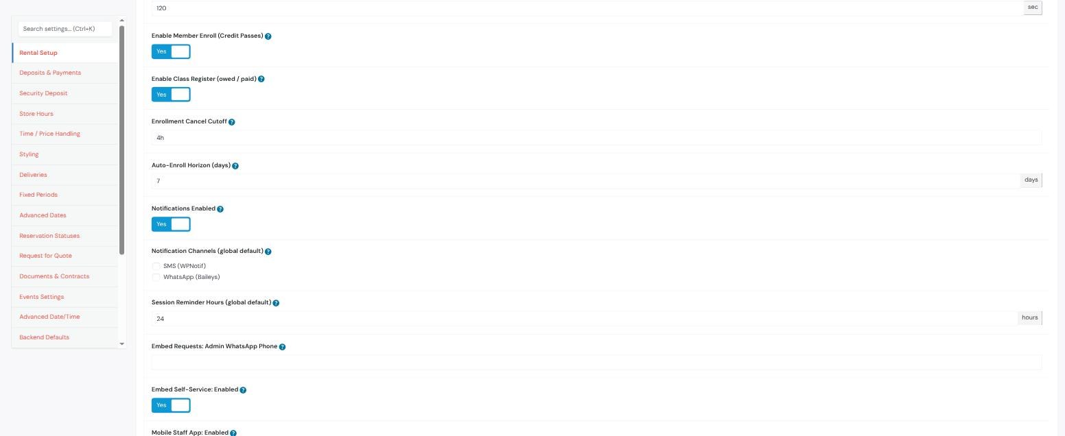 Rental settings showing Enable Member Enroll yes, Enable Class Register yes, Enrollment Cancel Cutoff 4h, Auto-Enroll Horizon 7 days, Notifications Enabled yes, Notification Channels, Session Reminder Hours 24