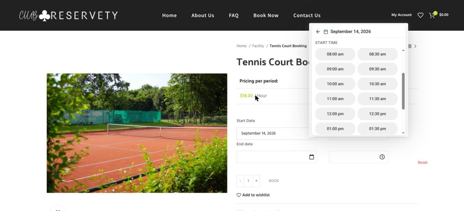 Public tennis court booking page showing an hourly price and a date and start time picker