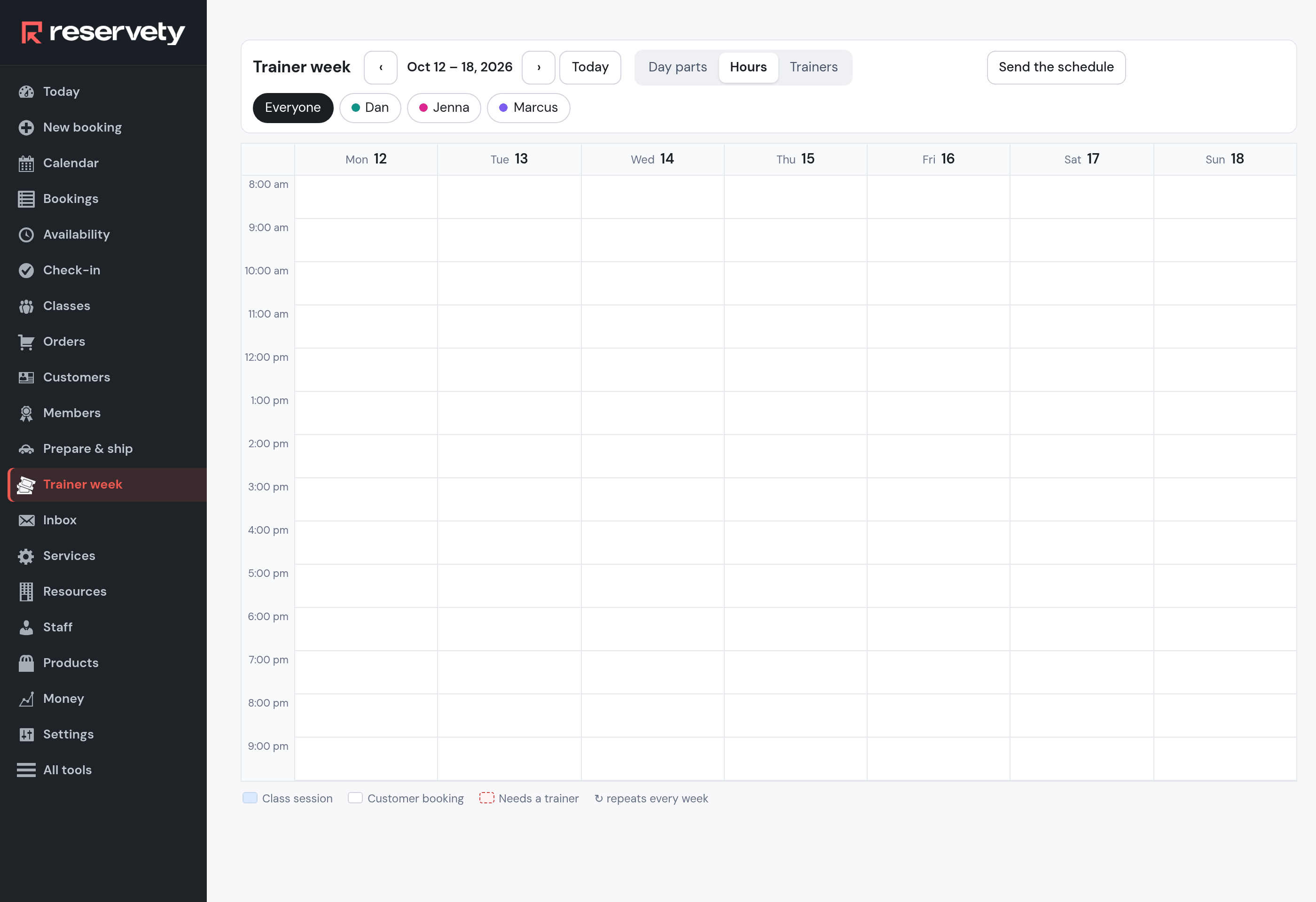 Trainer week for October 12 to 18, 2026 on the Hours view, empty: hours from 8:00 am to 9:00 pm in rows, Monday to Sunday in columns, filters Everyone, Dan, Jenna, Marcus and the Send the schedule button