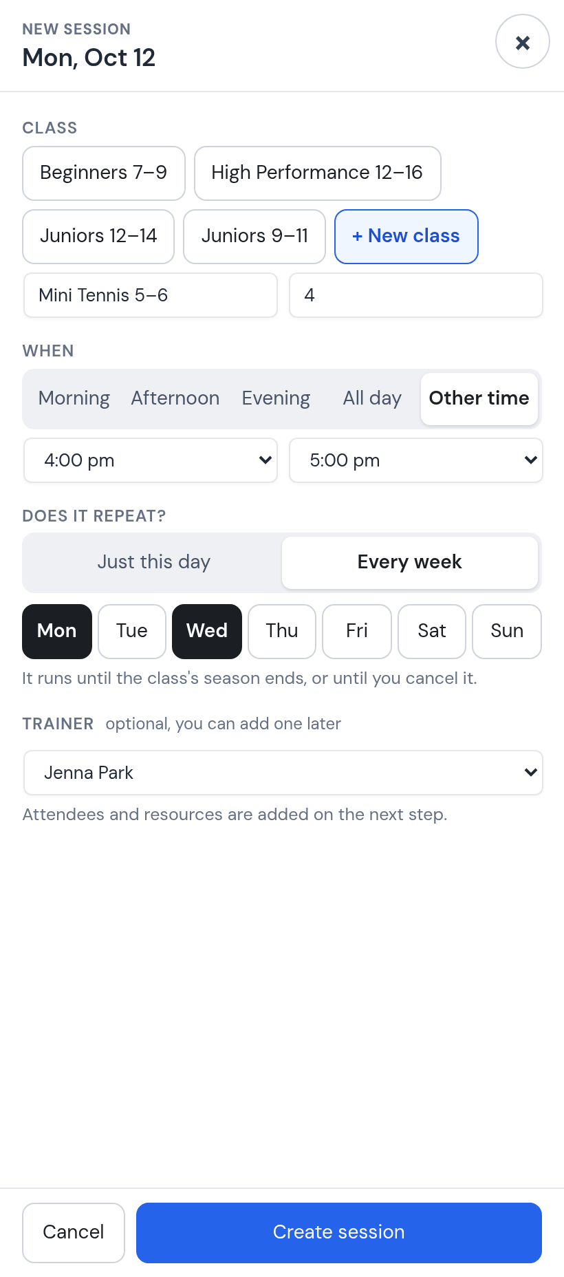 New session dialog filled in: Mini Tennis 5–6, 4 places, 4:00 pm to 5:00 pm, Every week with Mon and Wed selected, trainer Jenna Park, Create session button