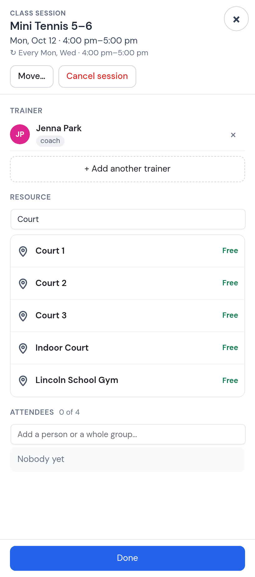 Class session panel of Mini Tennis 5–6, Monday October 12, 4:00 to 5:00 pm, every Mon and Wed: trainer Jenna Park, resource search Court listing Court 1, Court 2, Court 3, Indoor Court and Lincoln School Gym, all Free