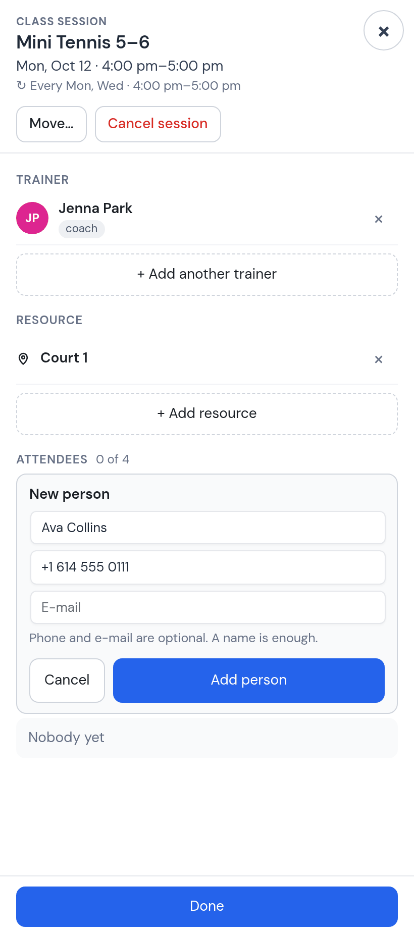 New person form inside the session panel: Ava Collins, phone +1 614 555 0111, the note that phone and e-mail are optional and a name is enough, Add person button
