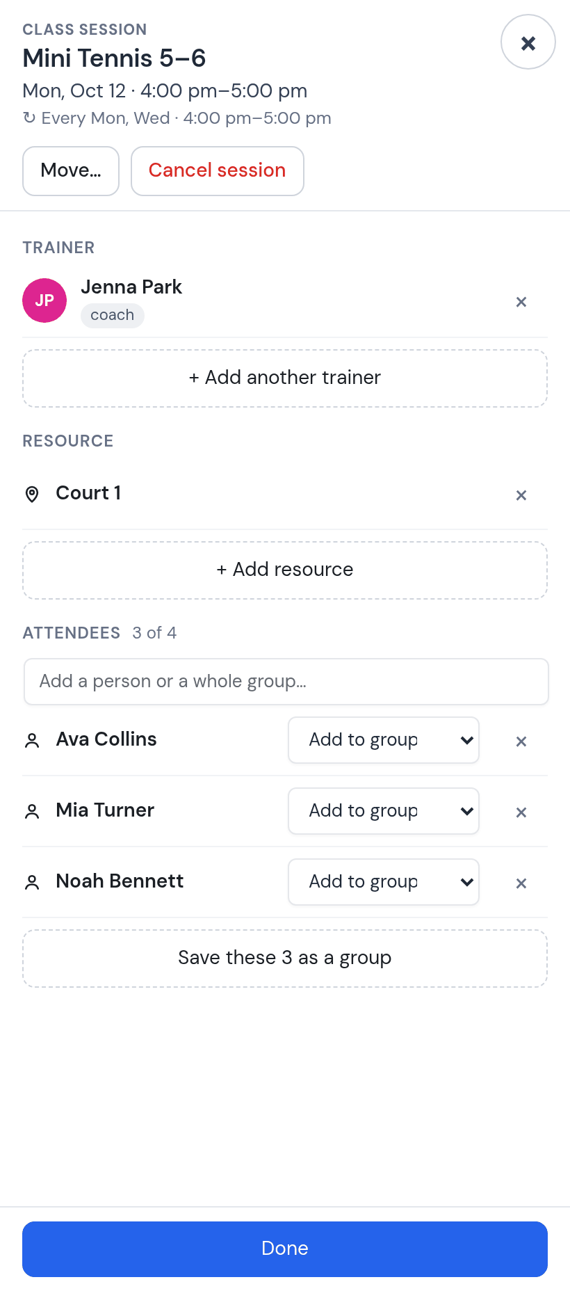 Session panel with Court 1 attached and attendees Ava Collins, Mia Turner, Noah Bennett, 3 of 4, and the Save these 3 as a group button