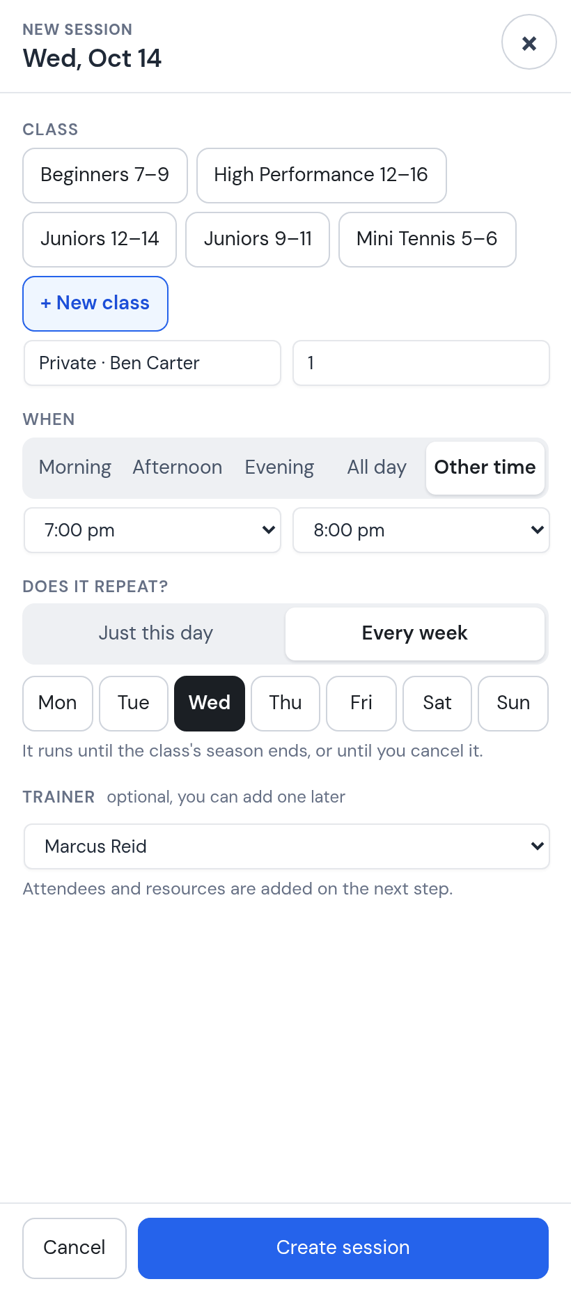 New session dialog for Wednesday October 14: new class Private · Ben Carter, 1 place, 7:00 to 8:00 pm, Every week on Wednesday, trainer Marcus Reid