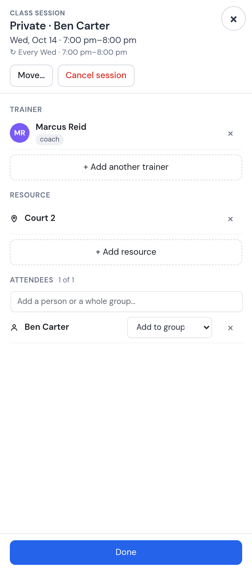 Class session panel Private · Ben Carter, Wednesday October 14, 7:00 to 8:00 pm, every Wednesday: trainer Marcus Reid, resource Court 2, attendees 1 of 1, Ben Carter