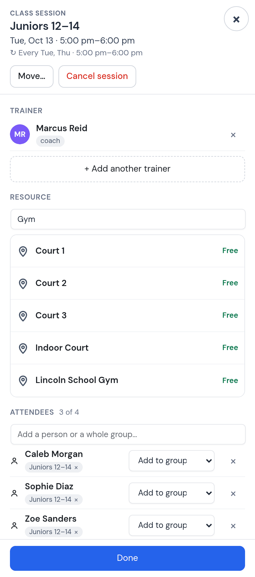 Class session Juniors 12–14, Tuesday October 13, 5:00 to 6:00 pm, Marcus Reid: the resource list Court 1, Court 2, Court 3, Indoor Court, Lincoln School Gym, all Free