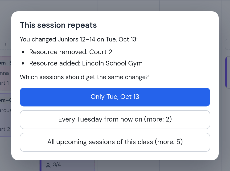 This session repeats: you changed Juniors 12–14 on Tue, Oct 13: resource removed Court 2, resource added Lincoln School Gym; options Only Tue Oct 13, Every Tuesday, All upcoming sessions