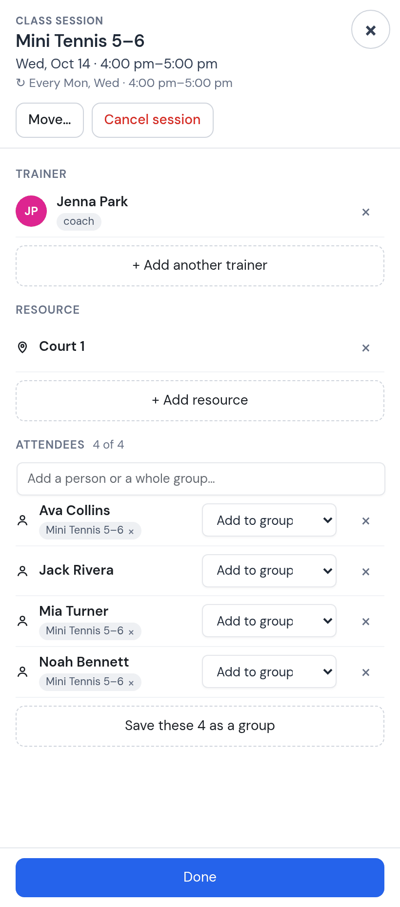 Class session Mini Tennis 5–6, Wednesday October 14: Jenna Park, Court 1, attendees 4 of 4 with Jack Rivera added to Ava Collins, Mia Turner and Noah Bennett