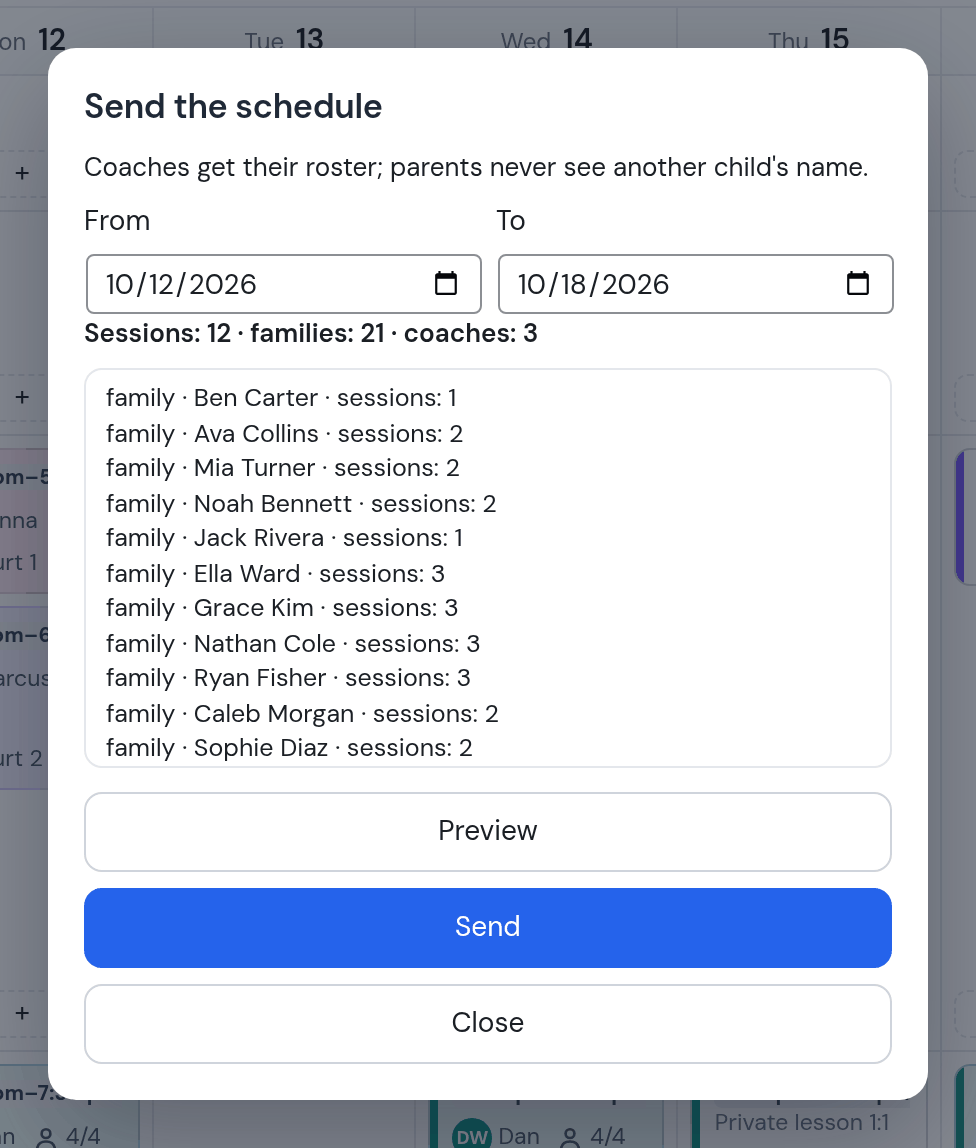 Send the schedule dialog: from October 12 to October 18, 2026; Sessions 12, families 21, coaches 3; list family Ben Carter sessions 1, Ava Collins 2, Mia Turner 2, Noah Bennett 2, Jack Rivera 1, Ella Ward 3 and more; Preview, Send, Close