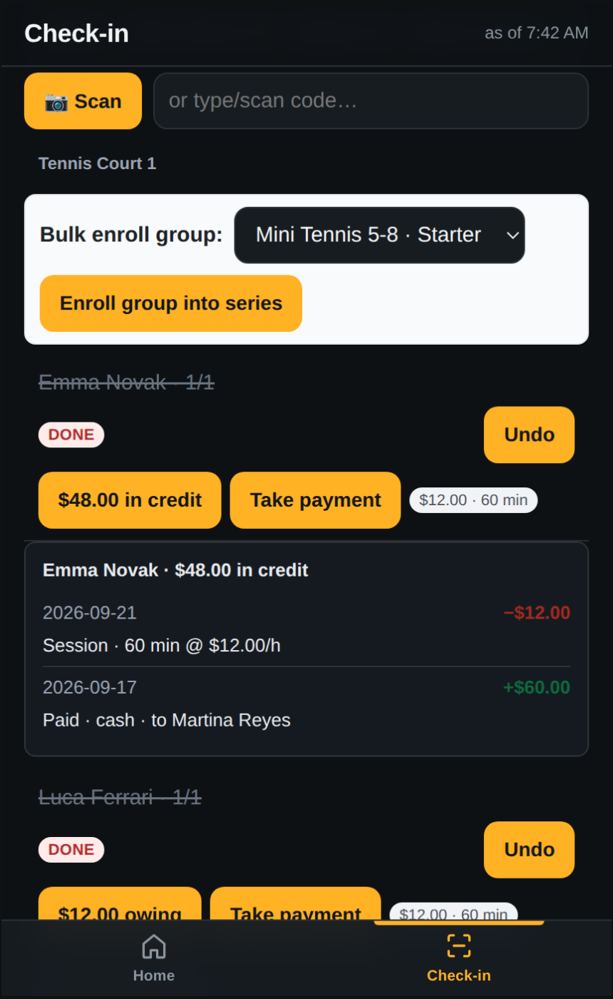 Phone check-in roster with Emma Novak checked in and 48.00 in credit, her ledger expanded below showing a 12.00 session charge on 21 September and a 60.00 cash payment to Martina Reyes on 17 September