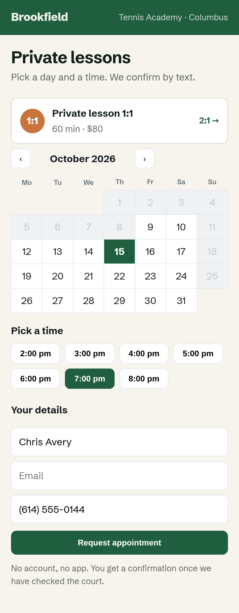 The academy's private-lessons page on a phone: Private lesson 1:1, 60 min, $80; October 2026 calendar with Thursday 15 selected; times 2:00 pm to 8:00 pm with 7:00 pm selected; name Chris Avery and phone (614) 555-0144; Request appointment