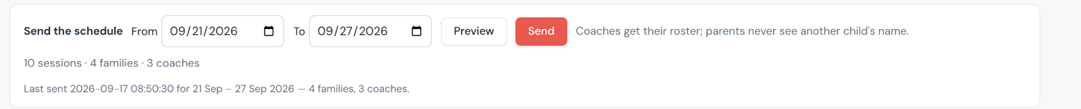 Send the schedule control with from and to dates, Preview and Send buttons, a note that coaches get their roster and parents never see another child's name, a preview result reading 10 sessions 4 families 3 coaches, and a line recording the last send