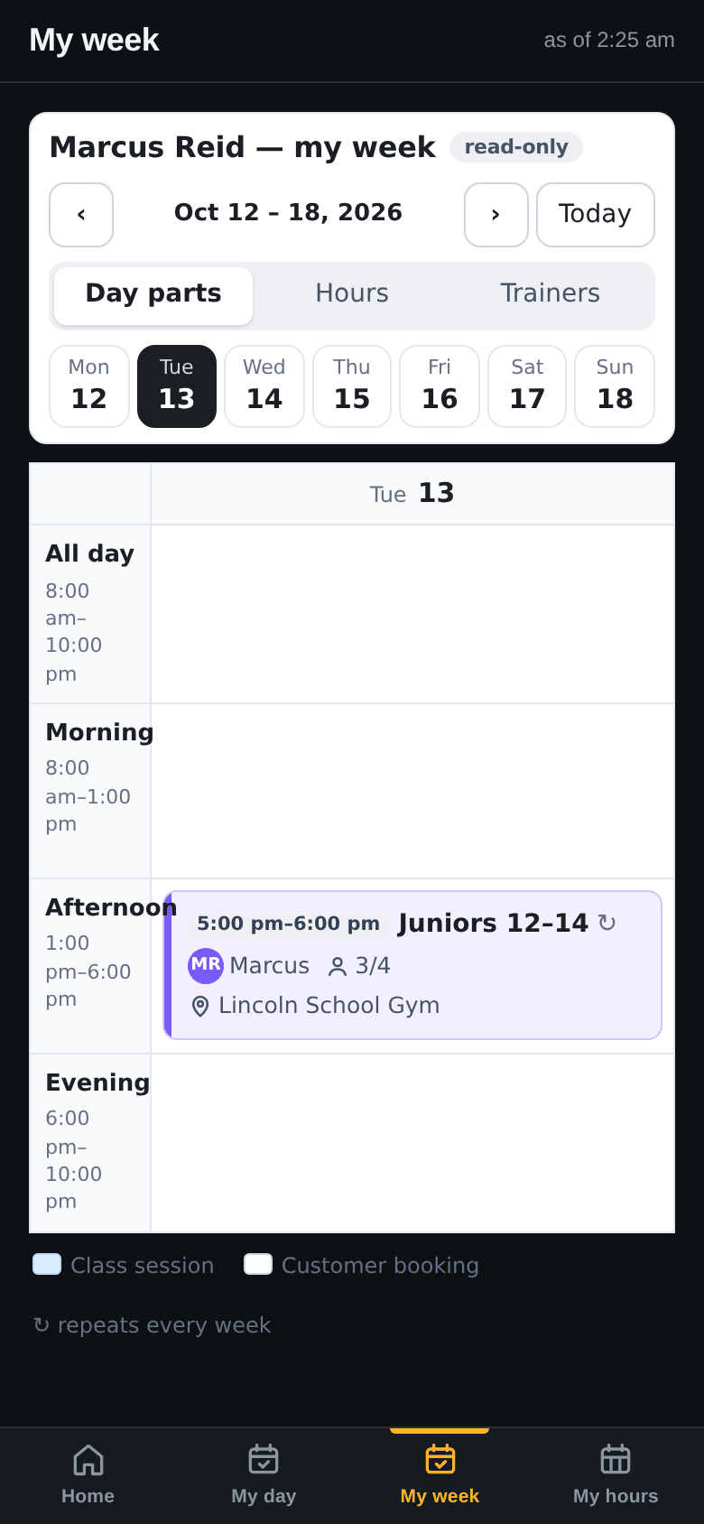 Marcus's app, My week, October 12 to 18 with Tuesday 13 selected: Afternoon 5:00 pm to 6:00 pm Juniors 12–14, Marcus, 3 of 4, Lincoln School Gym