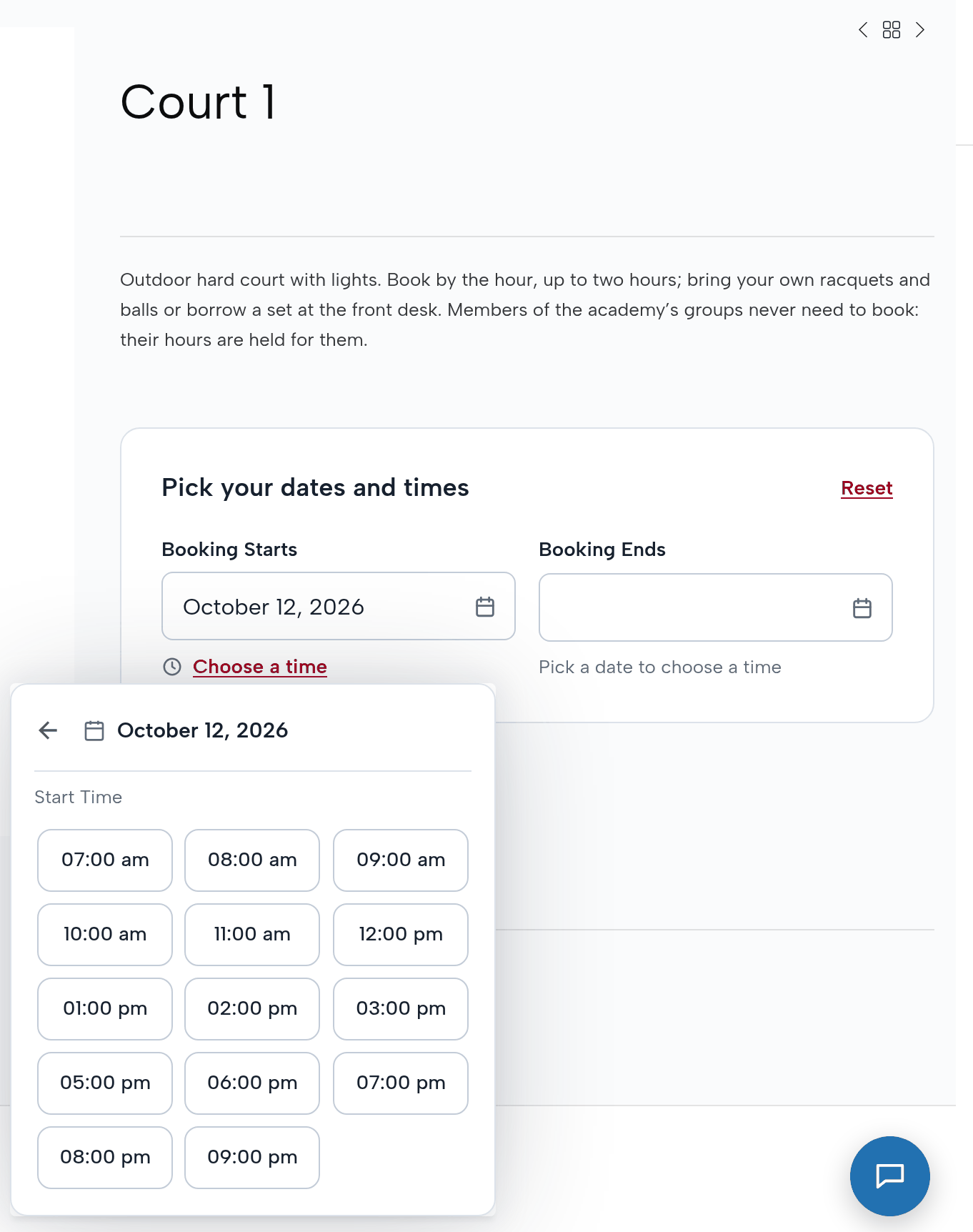 Court 1 product page, booking starts October 12, 2026, the start time list open: 07:00 am to 03:00 pm, then 05:00 pm to 09:00 pm; 04:00 pm is missing
