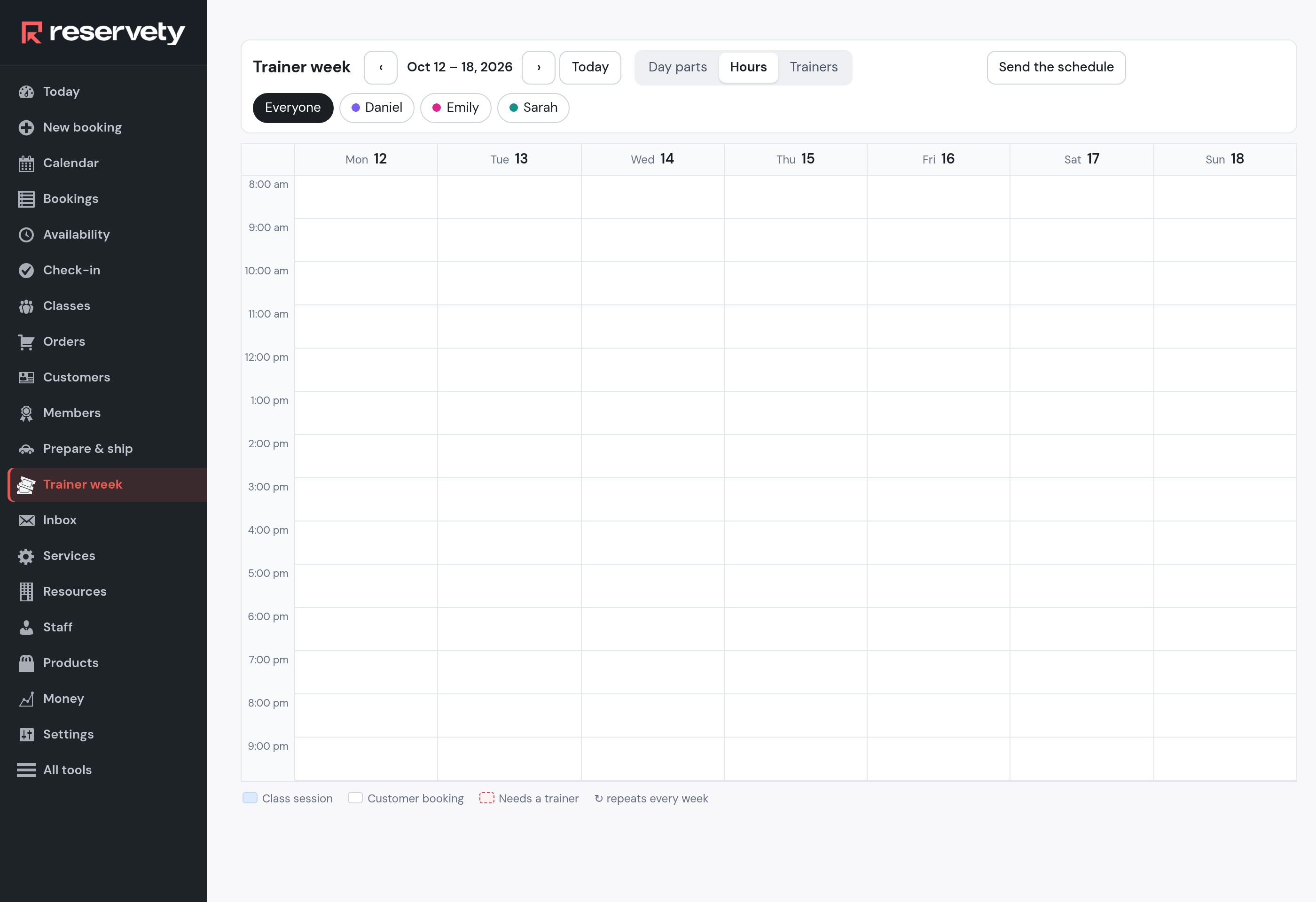 Trainer week for October 12 to 18, 2026 on the Hours view, empty: hours from 8:00 am to 9:00 pm in rows, Monday to Sunday in columns, filters Everyone, Daniel, Emily, Sarah and the Send the schedule button