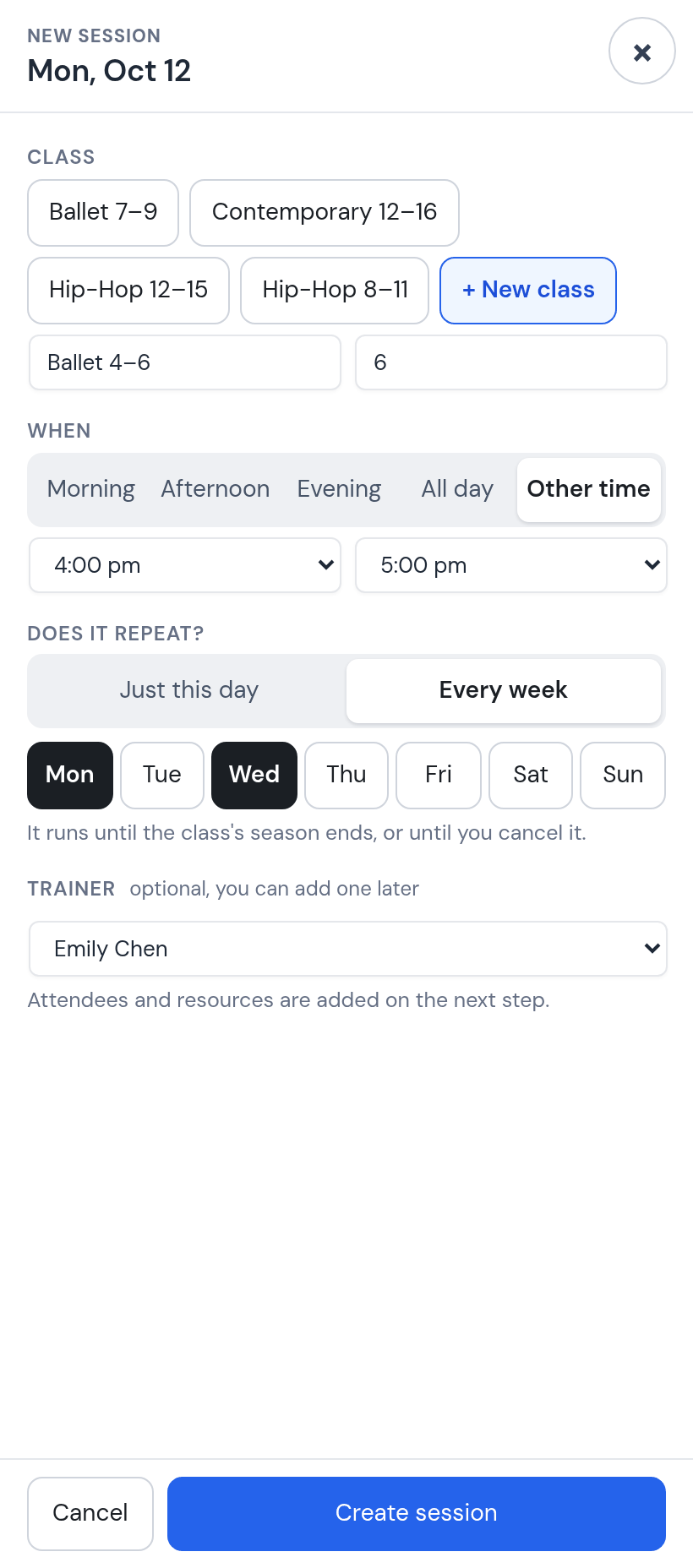 New session dialog filled in: Ballet 4–6, 6 places, 4:00 pm to 5:00 pm, Every week with Mon and Wed selected, trainer Emily Chen, Create session button