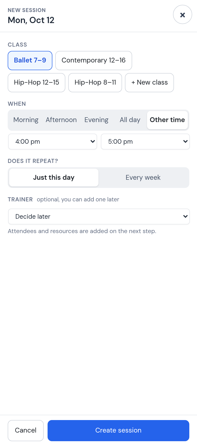 New session dialog for Monday, October 12, just opened: the existing classes as buttons with + New class, Other time 4:00 pm to 5:00 pm, Just this day, trainer Decide later