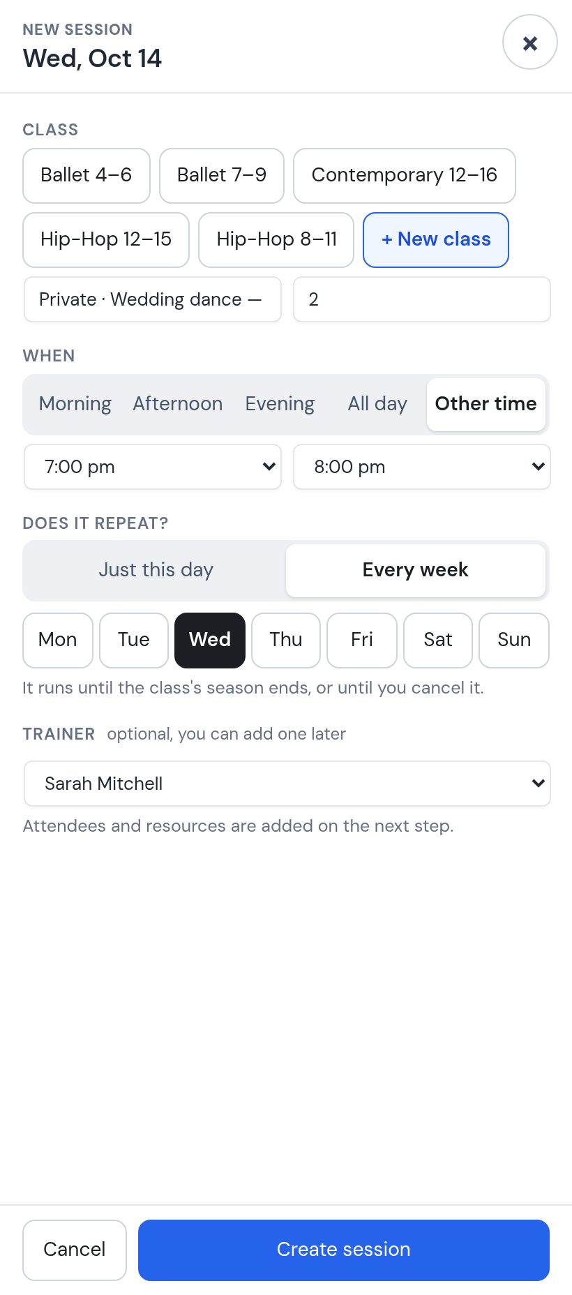 New session dialog for Wednesday October 14: new class Private · Wedding dance — Megan & Josh, 2 places, 7:00 to 8:00 pm, Every week on Wednesday, trainer Sarah Mitchell