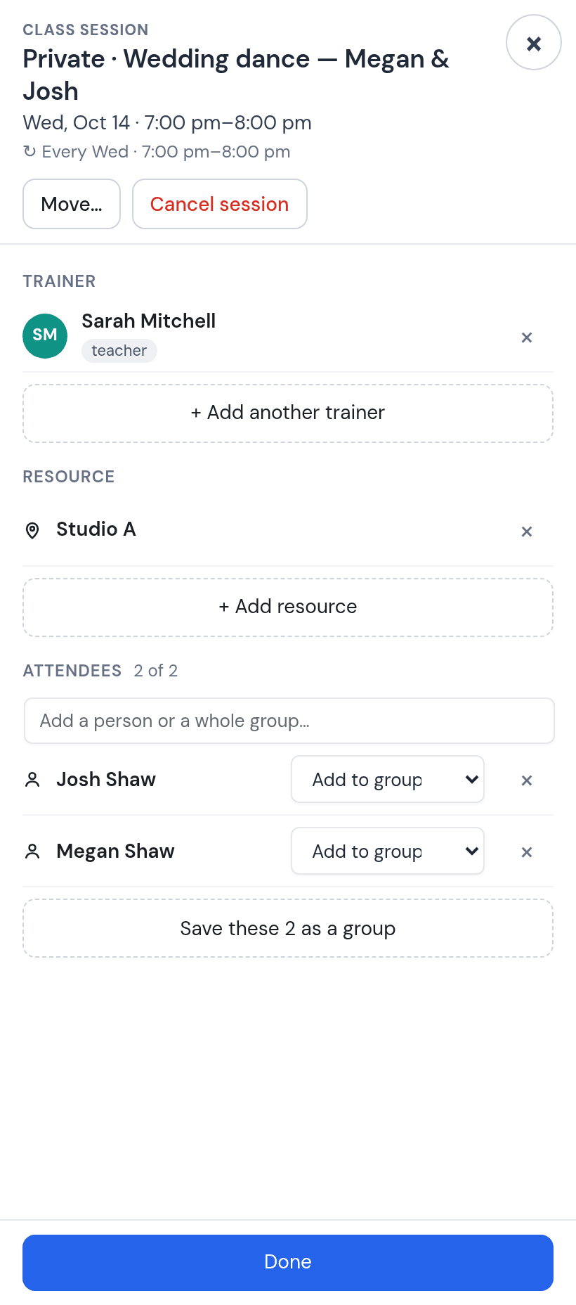 Class session panel Private · Wedding dance — Megan & Josh, Wednesday October 14, 7:00 to 8:00 pm, every Wednesday: trainer Sarah Mitchell, resource Studio A, attendees 2 of 2, Josh Shaw and Megan Shaw