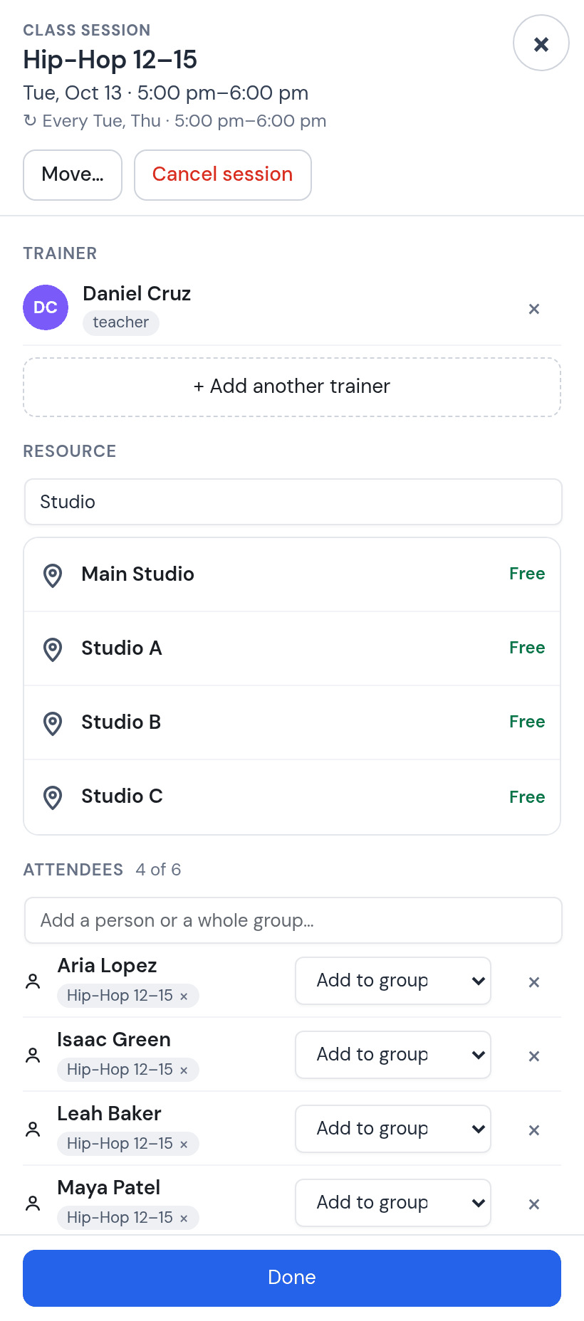 Class session Hip-Hop 12–15, Tuesday October 13, 5:00 to 6:00 pm, Daniel Cruz: resource search Studio listing Main Studio, Studio A, Studio B and Studio C, all Free