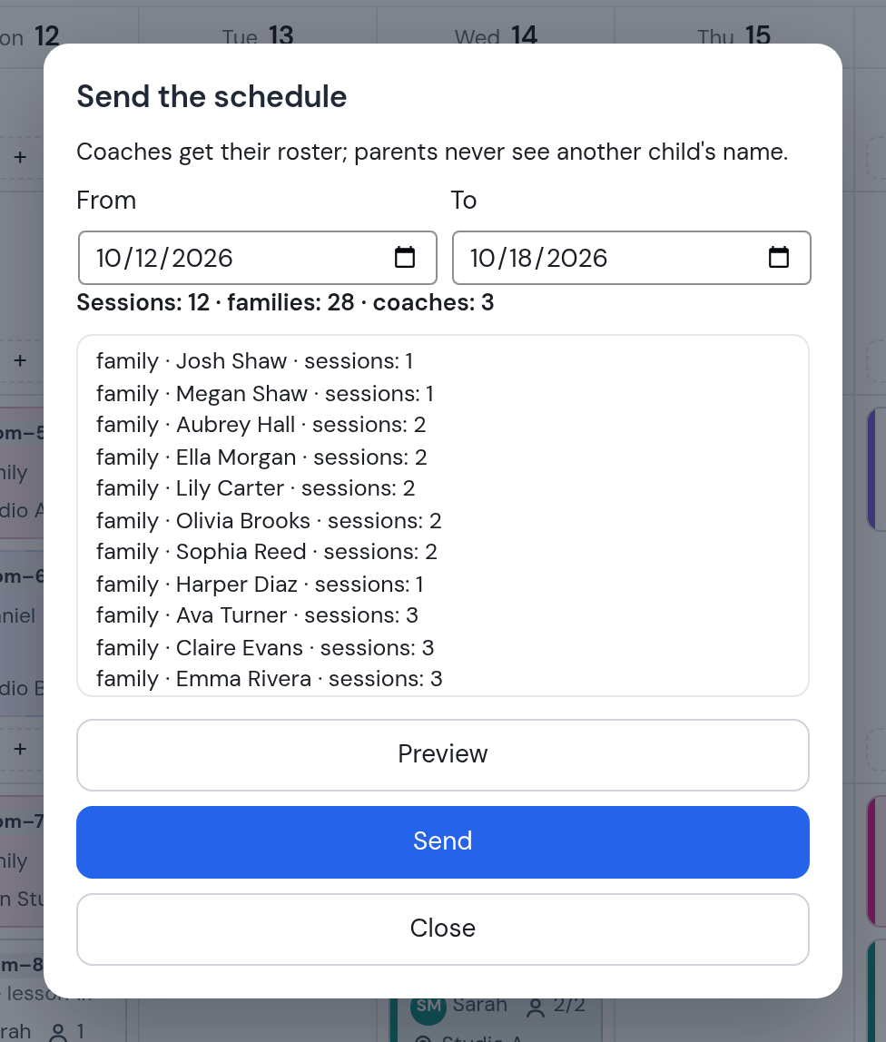 Send the schedule dialog: from October 12 to October 18, 2026; Sessions 12, families 28, coaches 3; the list of families with their number of sessions; Preview, Send, Close