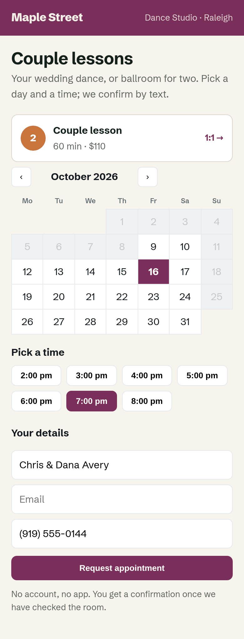 The studio's couple-lessons page on a phone: Couple lesson, 60 min, $110; October 2026 calendar with Friday 16 selected; times 2:00 pm to 8:00 pm with 7:00 pm selected; name Chris & Dana Avery and phone (919) 555-0144; Request appointment
