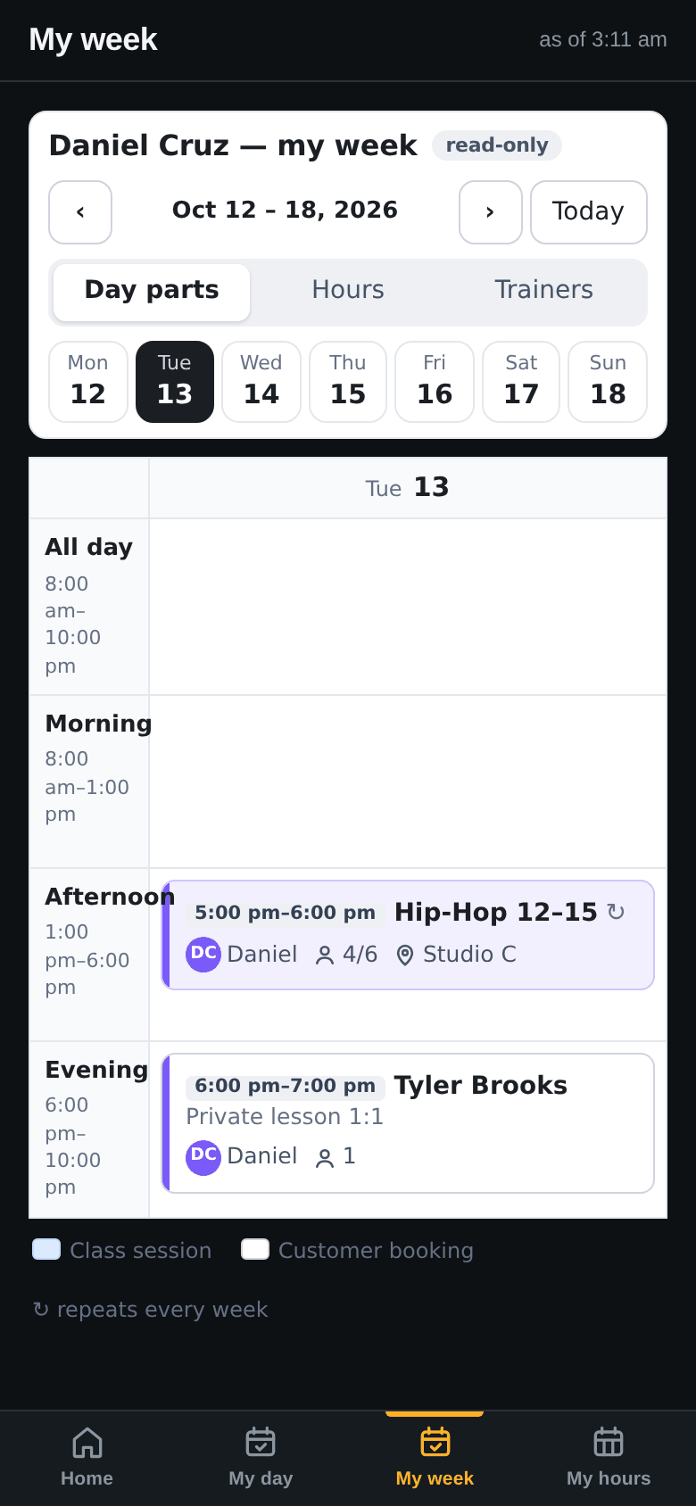 Daniel's app, My week, October 12 to 18 with Tuesday 13 selected: Afternoon 5:00 pm to 6:00 pm Hip-Hop 12–15, Daniel, 4 of 6, Studio C; Evening 6:00 pm to 7:00 pm Tyler Brooks, Private lesson 1:1