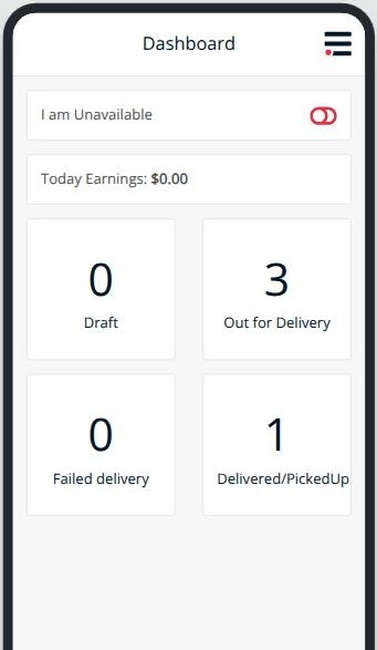Driver app dashboard showing an availability switch, today's earnings and four count tiles