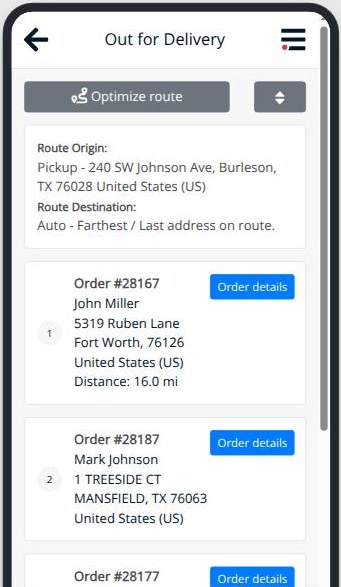 Driver app out for delivery list with an optimise route button and numbered stops carrying addresses and distances