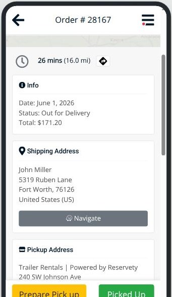 Driver app order detail showing a shipping address with a navigate button, a pickup address and a fixed bottom bar