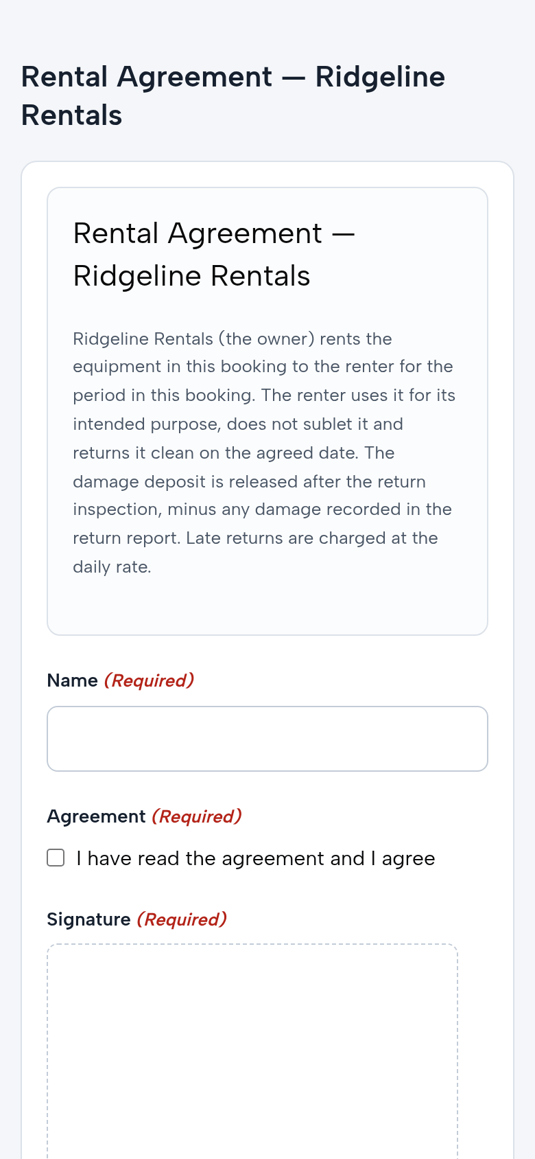 The rental agreement on the customer’s phone: the agreement text, the name, the consent box and the signature