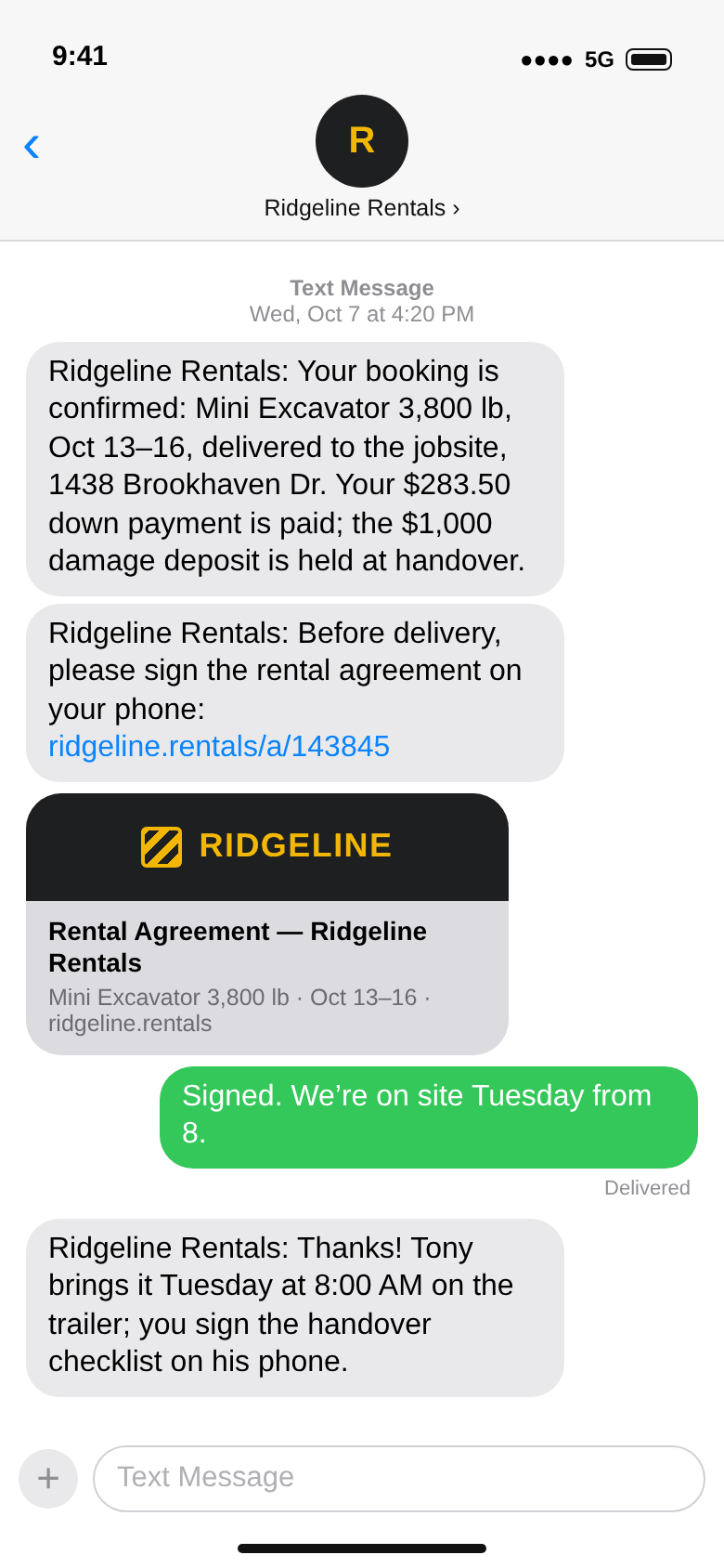 Text messages: the mini excavator booking confirmed, the agreement link, “Signed”, the delivery time