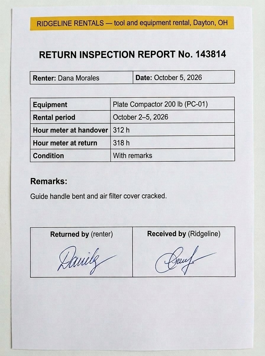 The plate compactor’s return inspection report: the hour meter at handover and at return, the condition, the remarks and both signatures