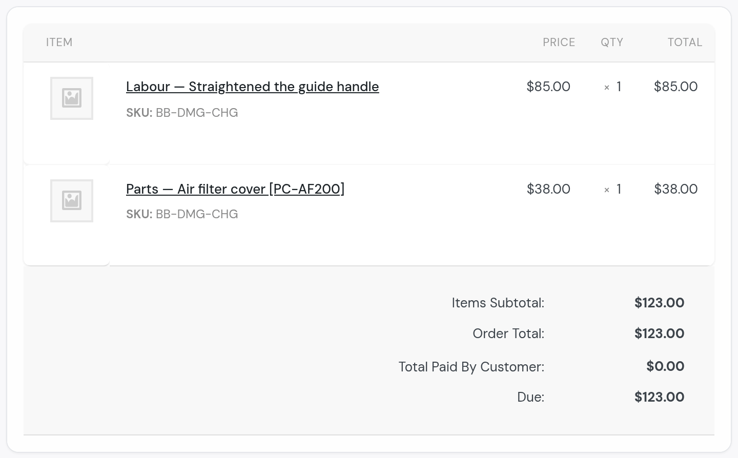 The repair order: labor, $85, and the air filter cover, $38
