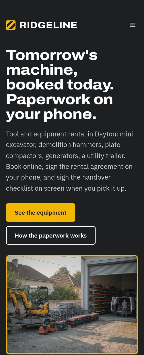 The Ridgeline Rentals website on a phone: “Tomorrow’s machine, booked today. Paperwork on your phone.”, the equipment with prices, the paperwork in four steps (part 1 of 3)