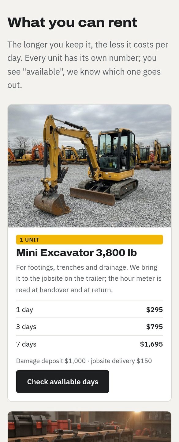 The Ridgeline Rentals website on a phone: “Tomorrow’s machine, booked today. Paperwork on your phone.”, the equipment with prices, the paperwork in four steps (part 2 of 3)