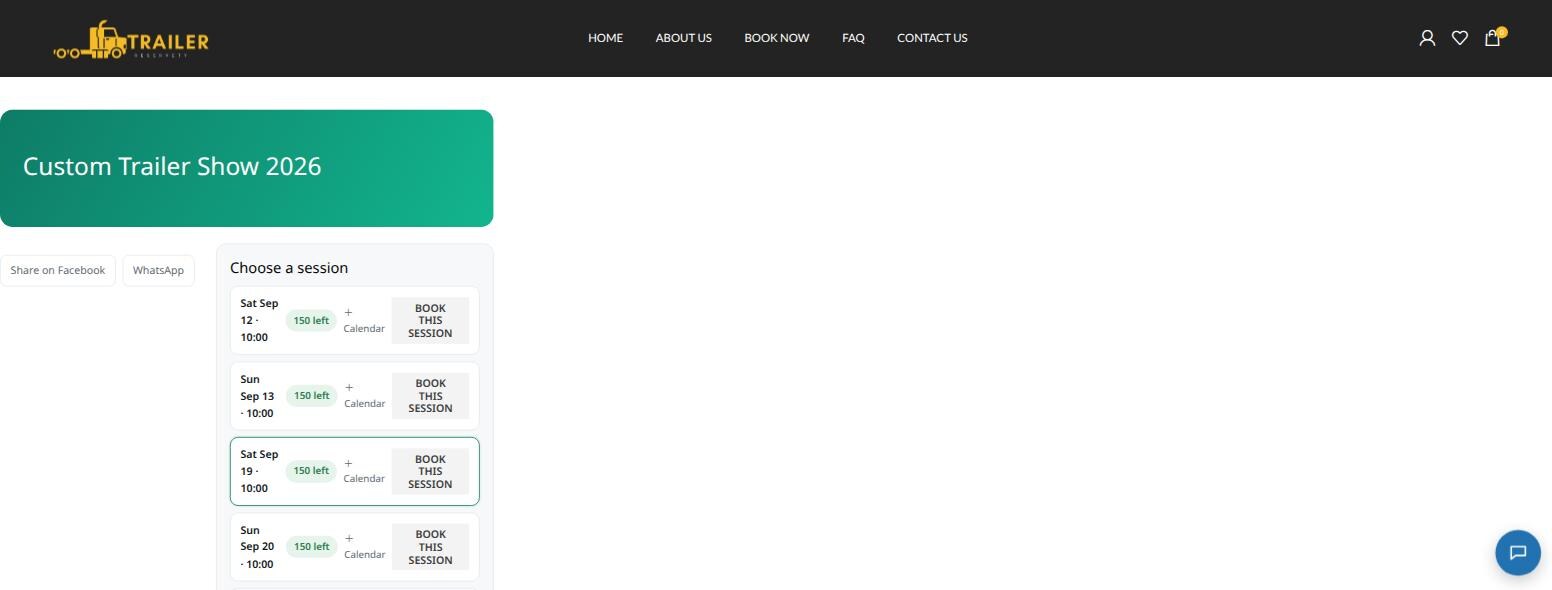 Event page listing sessions with dates, times, seats left, add to calendar links and book buttons