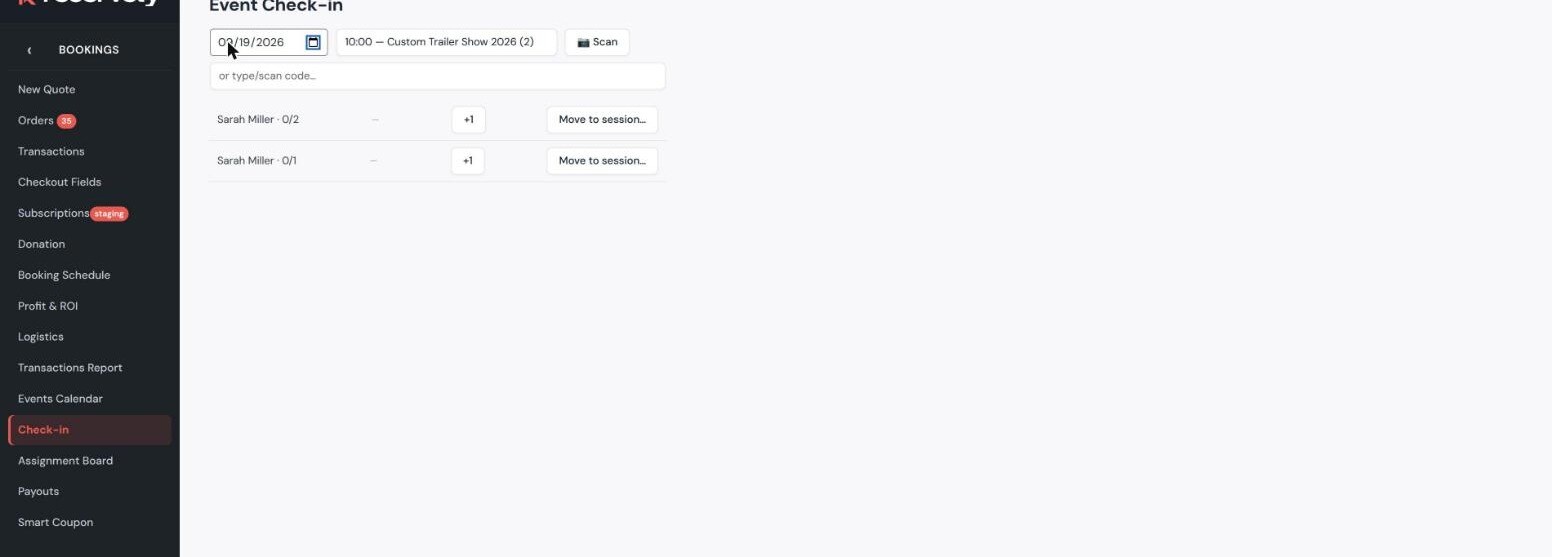 Event check-in screen with a session chosen and two roster rows showing zero of two and zero of one checked in