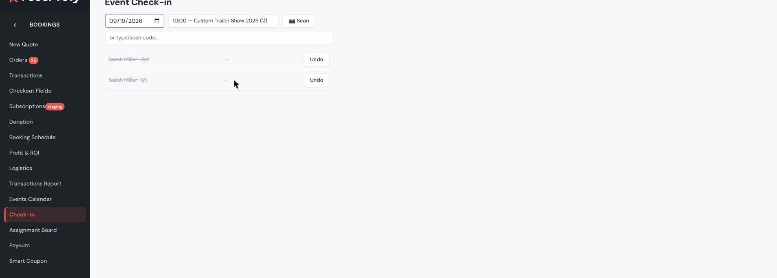 Check-in roster with both rows struck through reading two of two and one of one, each with an undo button