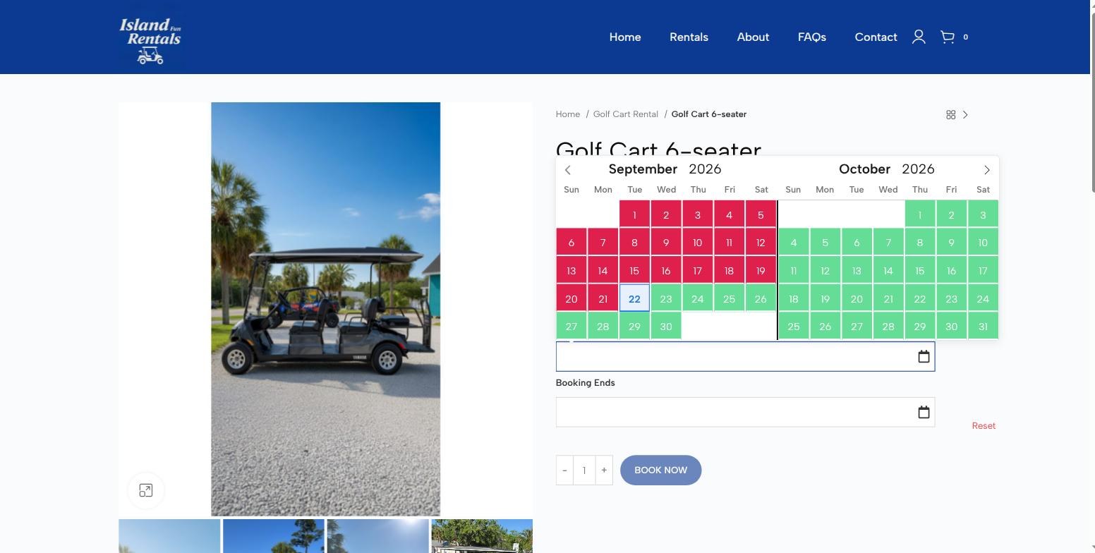 Golf Cart 6-seater product page priced at 150 dollars a day with a two-month availability calendar open
