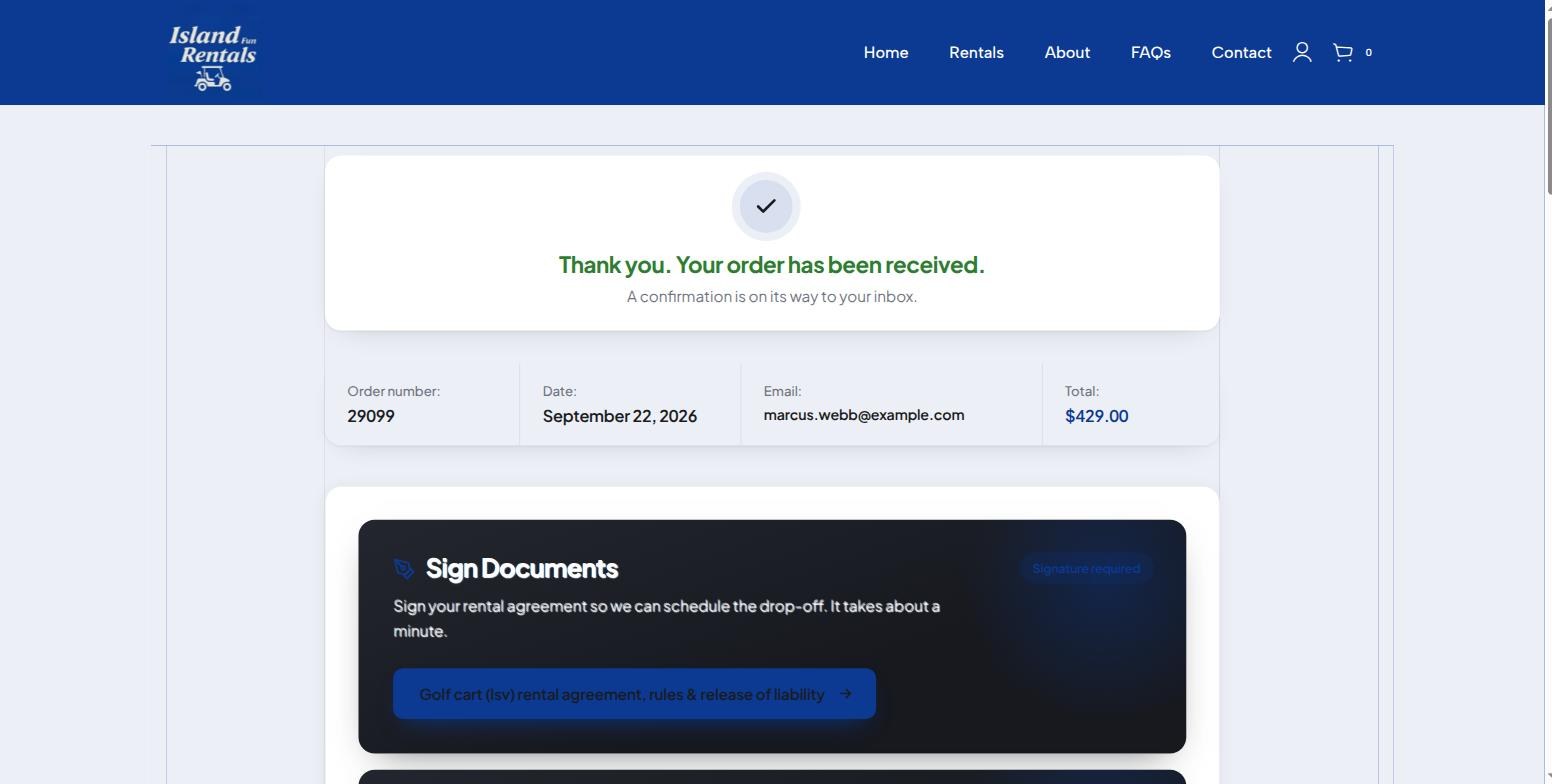 Order received page for order 29099 showing a Sign Documents panel with the rental agreement marked signature required